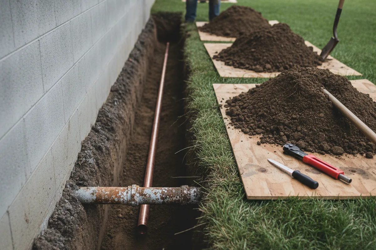 Excavated water line trench during Sewer Line Repair in New Ross